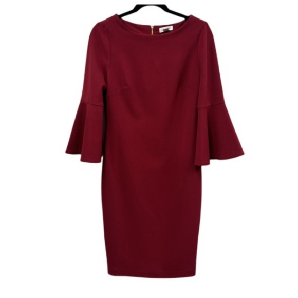Calvin Klein Bell Sleeve Sheath Dress | Size 4 | Burgundy Red - Picture 4 of 10